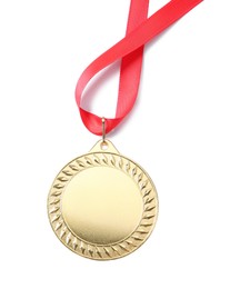 Photo of One golden medal isolated on white, top view