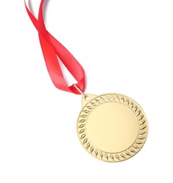 Photo of One golden medal isolated on white, top view