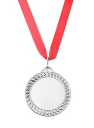 Photo of One silver medal isolated on white, top view