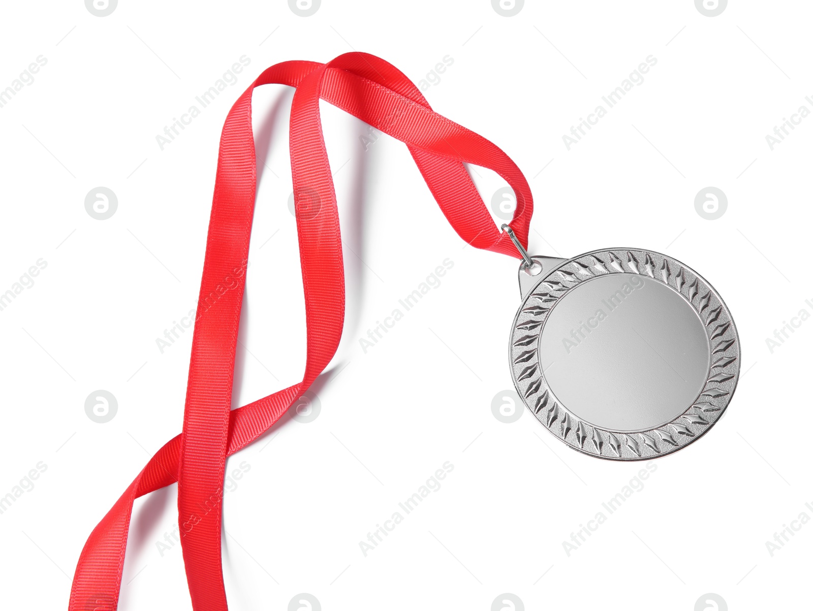 Photo of One silver medal isolated on white, top view