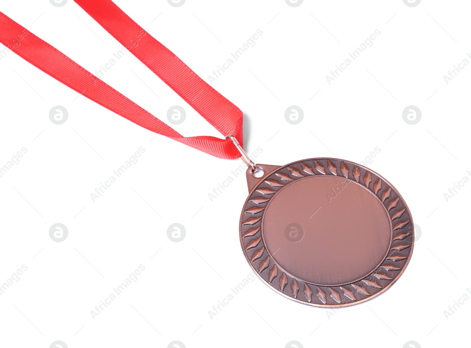 Photo of One bronze medal with ribbon isolated on white