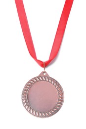 Photo of One bronze medal isolated on white, top view