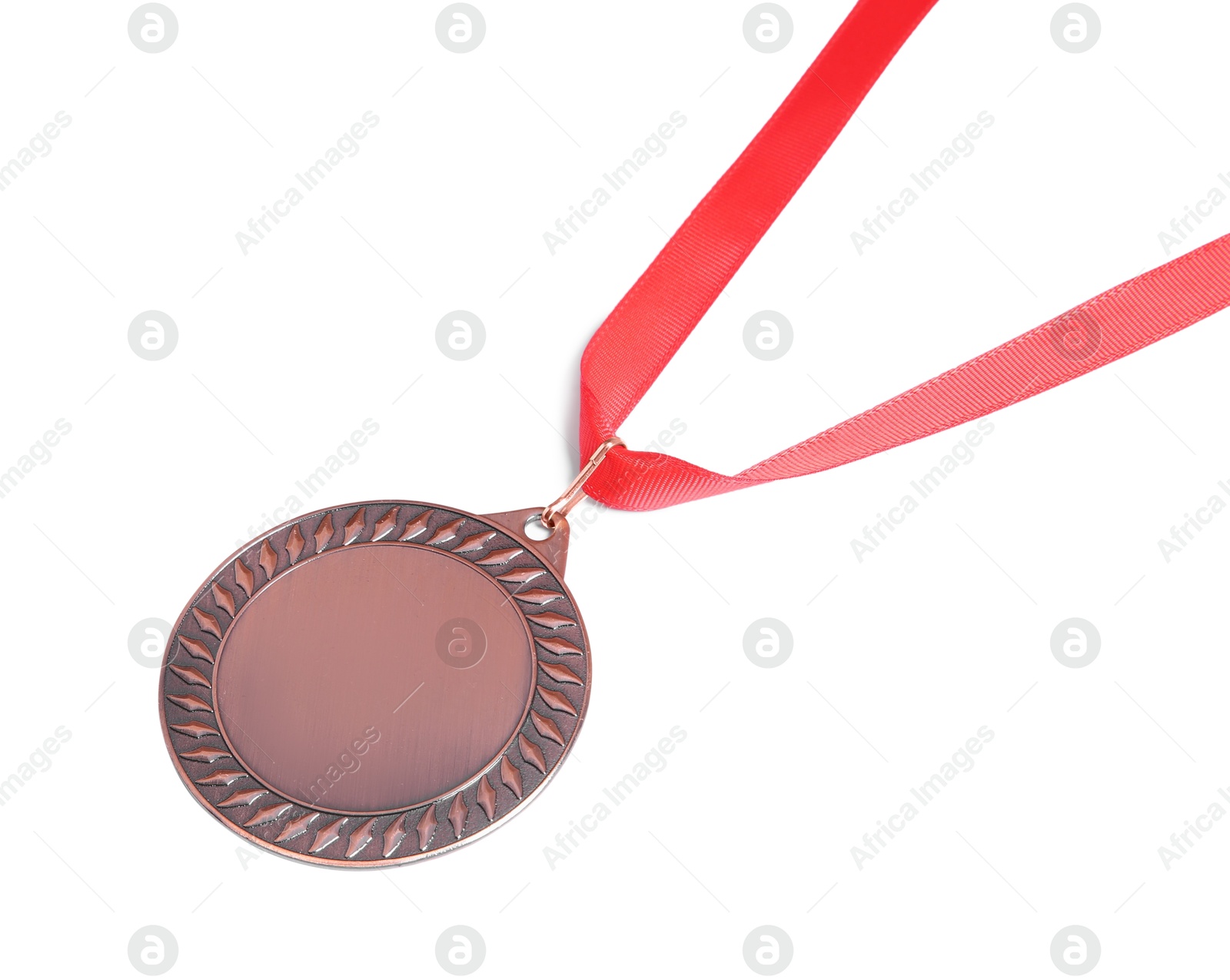 Photo of One bronze medal with ribbon isolated on white