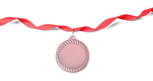 Photo of One bronze medal isolated on white, top view