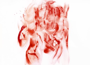 Photo of Stain of blood on white background, top view