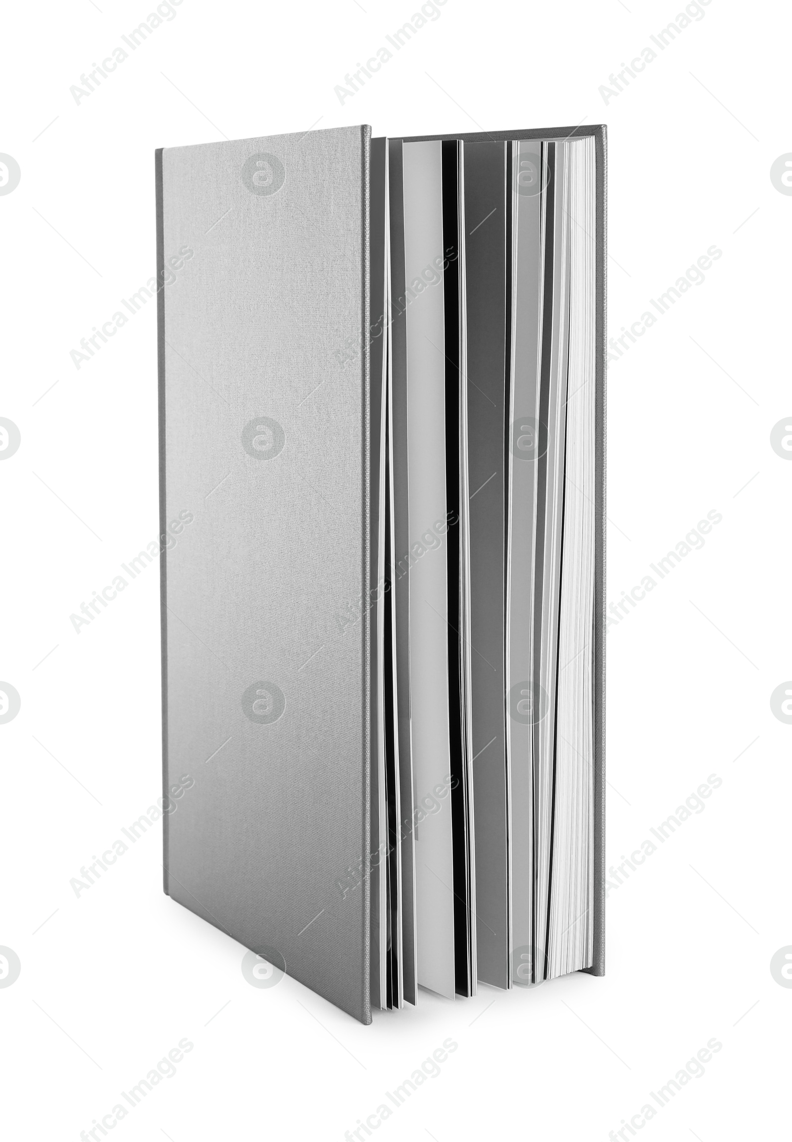 Photo of Book with grey hard cover isolated on white