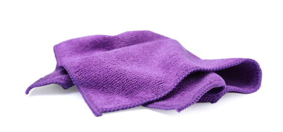 Photo of Clean purple microfiber cloth isolated on white