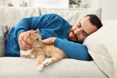 Man petting cute ginger cat on sofa at home