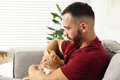 Man petting cute ginger cat on armchair at home