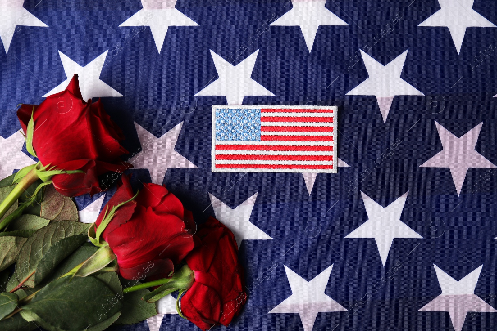 Photo of Veterans day. American army patch and rose flowers on USA flag, flat lay