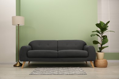 Photo of Stylish sofa, lamp and houseplant near green wall indoors