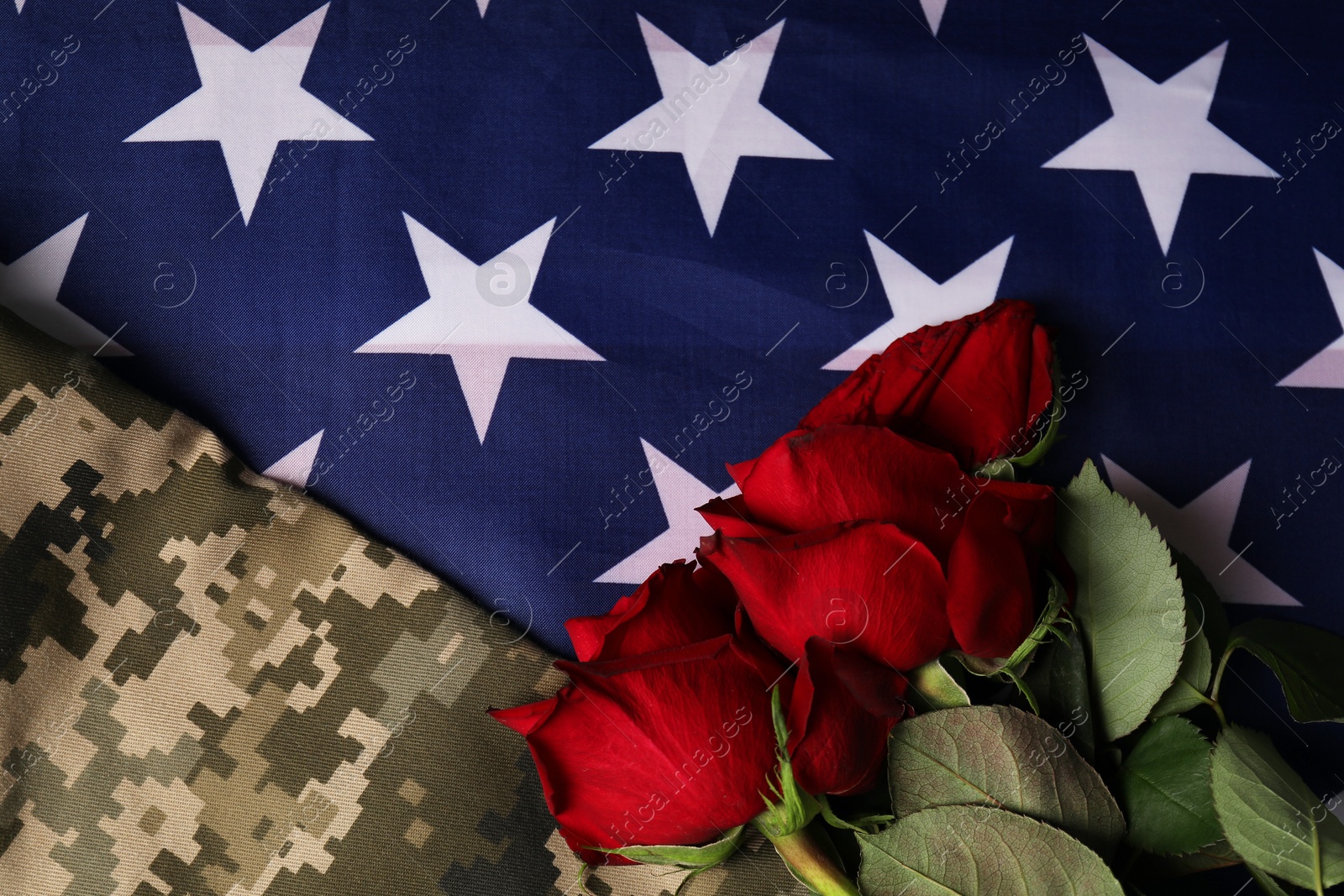 Photo of Veterans day. Rose flowers and military uniform on American flag, flat lay