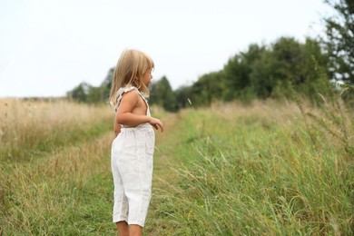 Photo of Little girl walking at meadow. Child enjoying beautiful nature, space for text