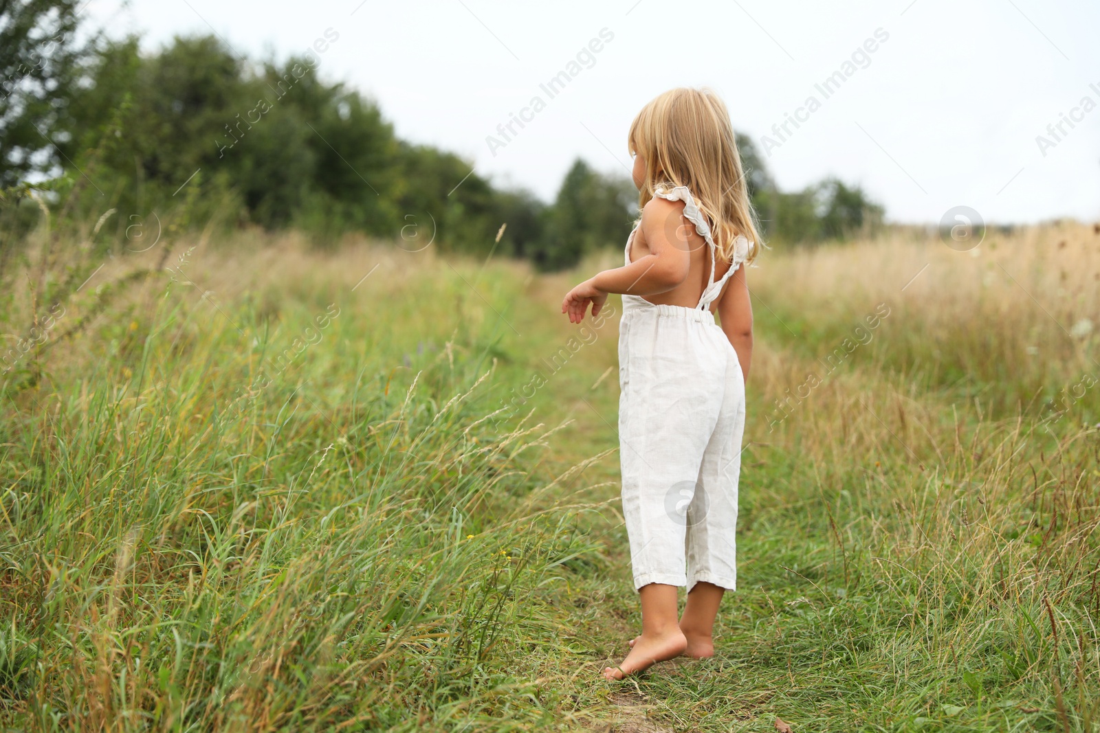 Photo of Little girl walking barefoot at meadow. Child enjoying beautiful nature, space for text