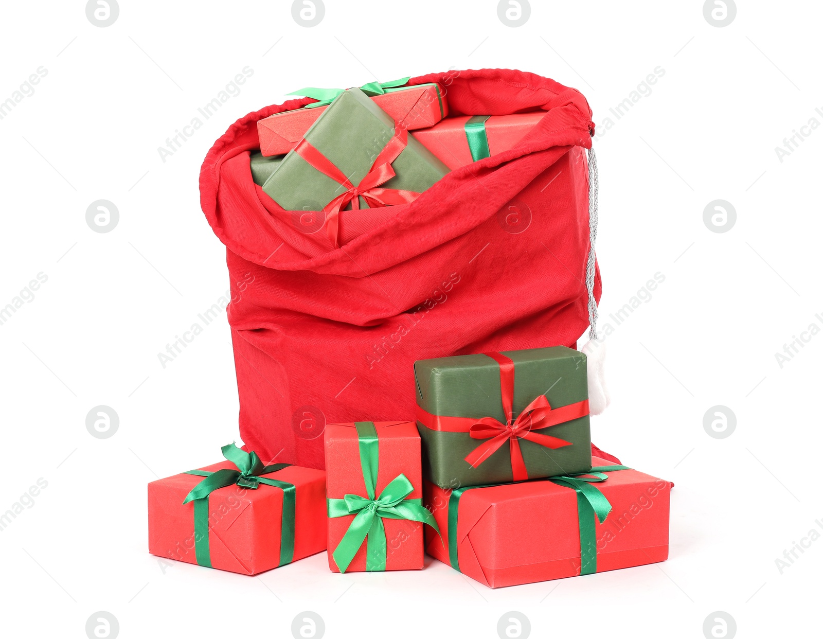 Photo of Santa Claus bag full of presents isolated on white