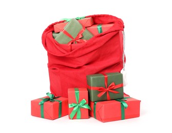 Photo of Santa Claus bag full of presents isolated on white