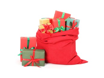 Photo of Santa Claus bag full of presents isolated on white