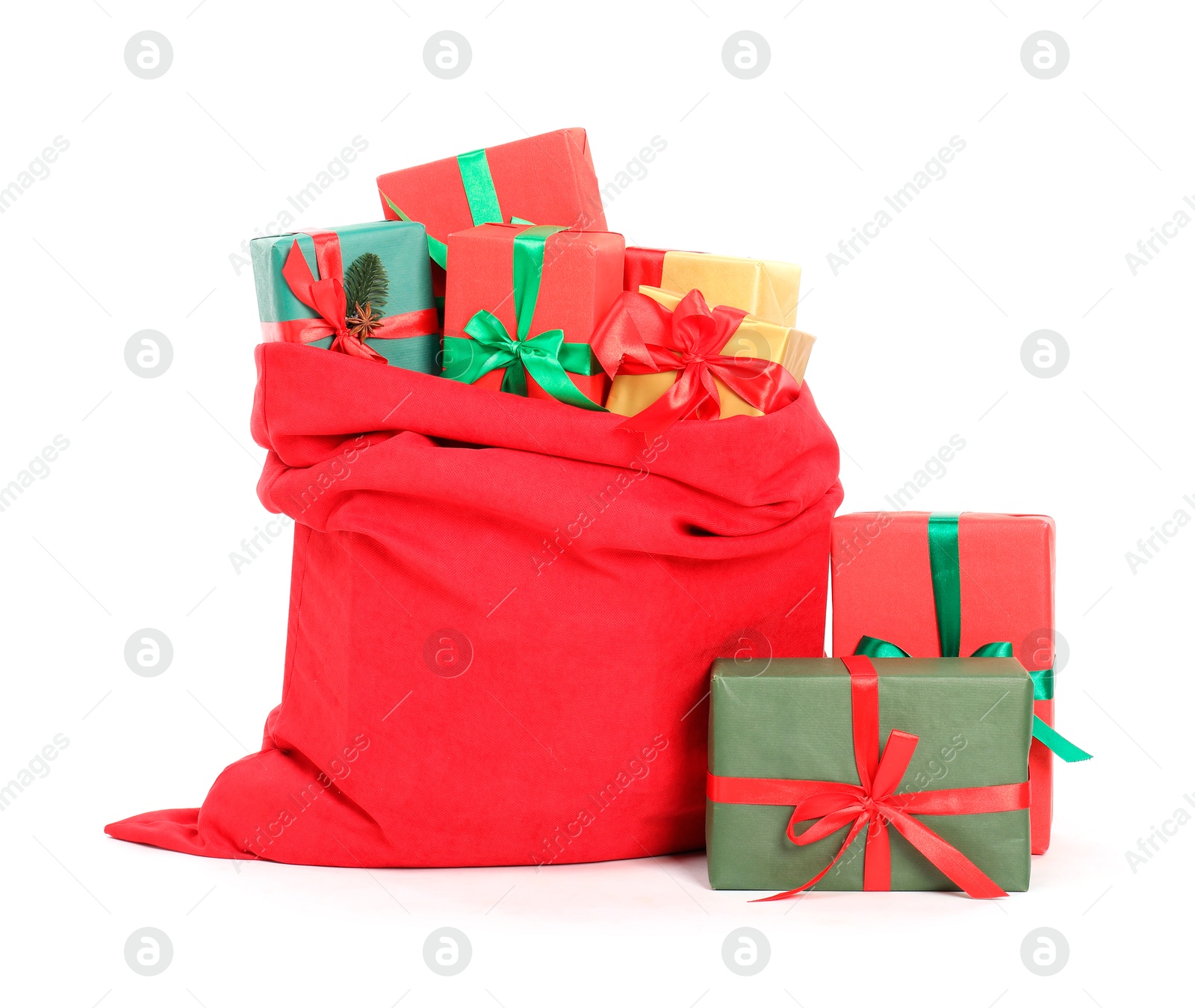 Photo of Santa Claus bag full of presents isolated on white