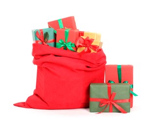 Photo of Santa Claus bag full of presents isolated on white