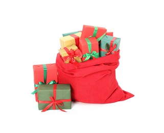 Photo of Santa Claus bag full of presents isolated on white