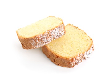 Photo of Slices of freshly baked sponge cake isolated on white