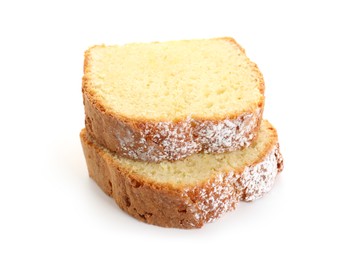 Photo of Slices of freshly baked sponge cake isolated on white