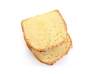 Photo of Slices of freshly baked sponge cake isolated on white, top view