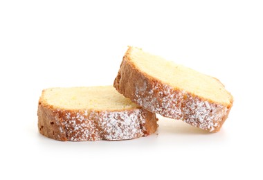 Photo of Slices of freshly baked sponge cake isolated on white