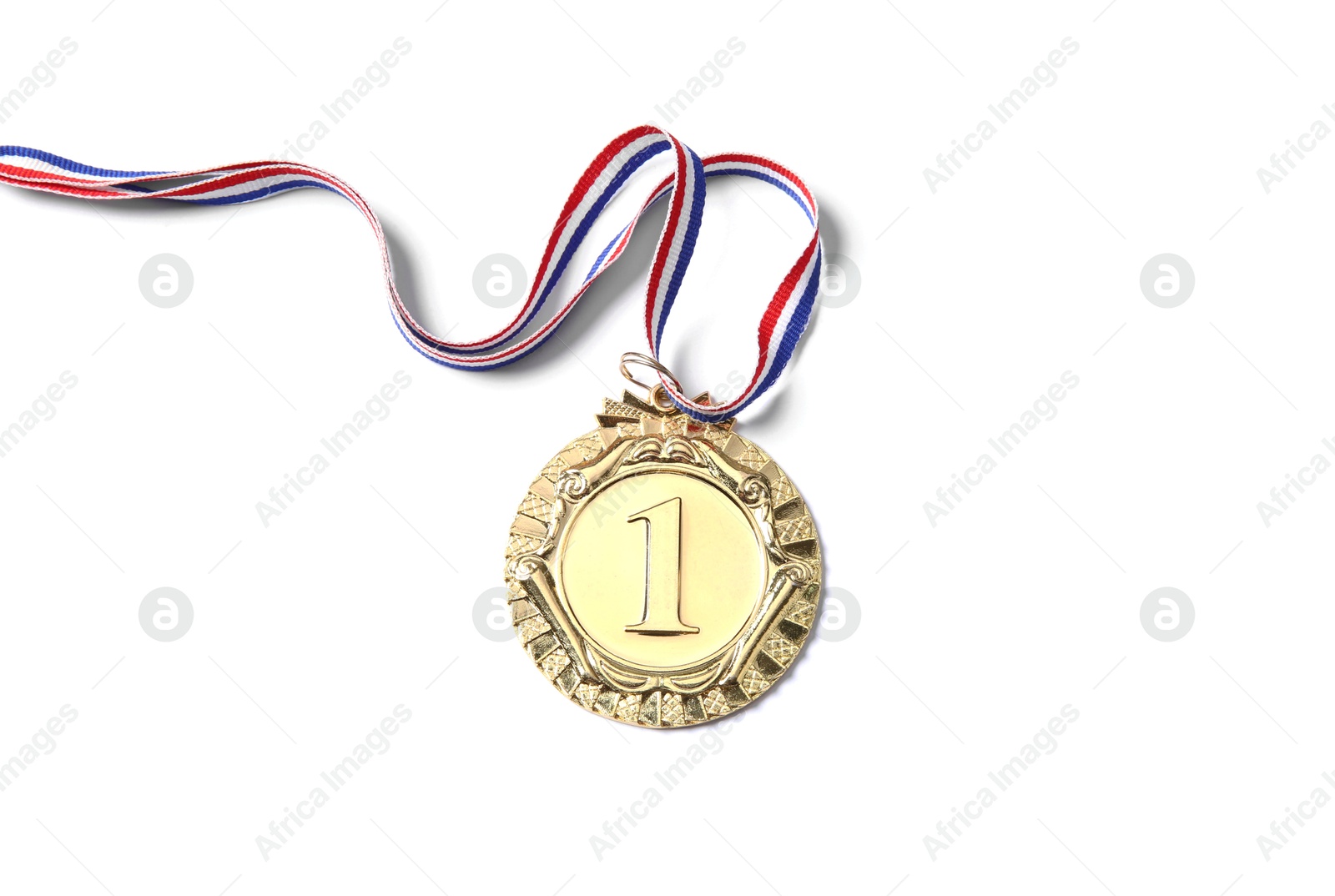 Photo of One golden medal isolated on white, top view