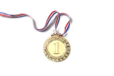 Photo of One golden medal isolated on white, top view