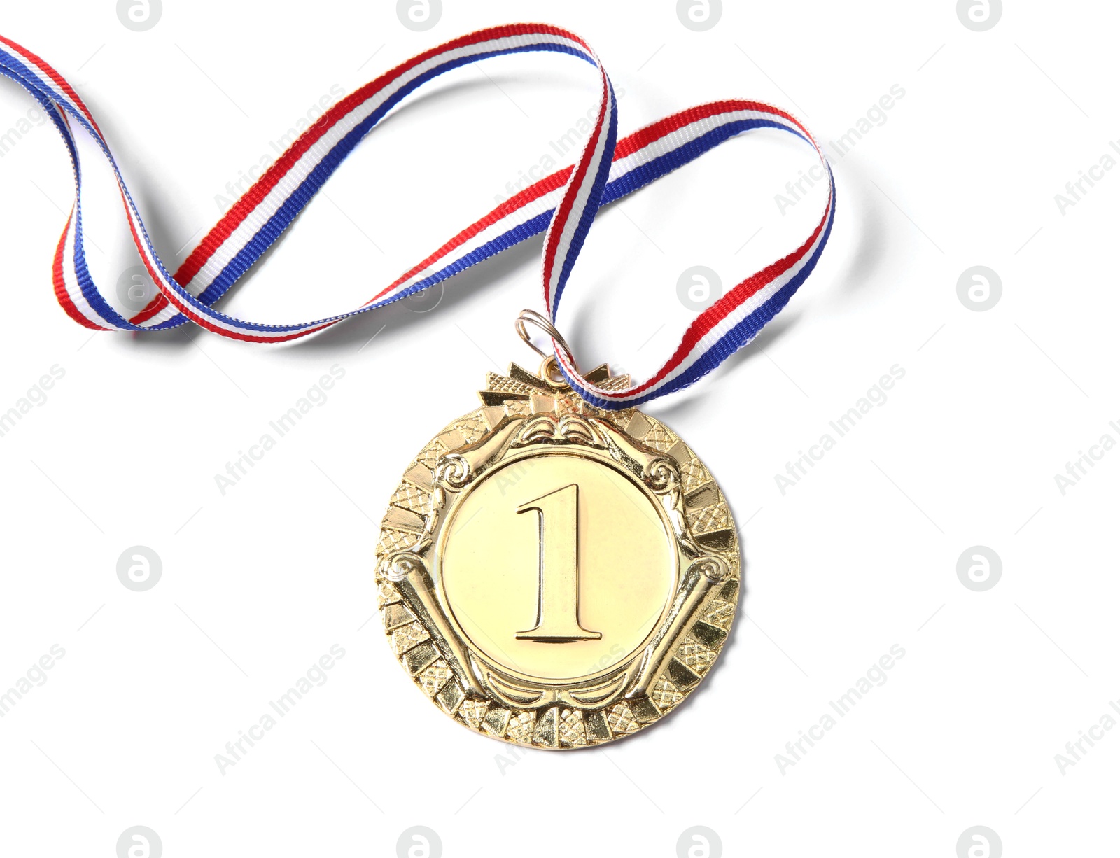 Photo of One golden medal isolated on white, top view