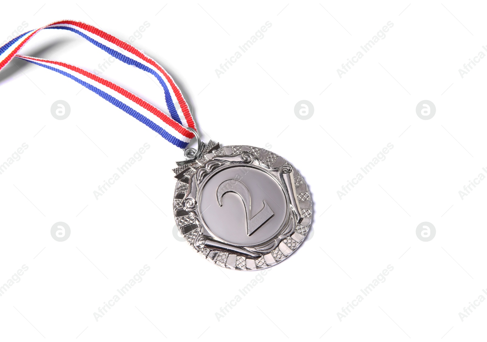 Photo of One silver medal with ribbon isolated on white