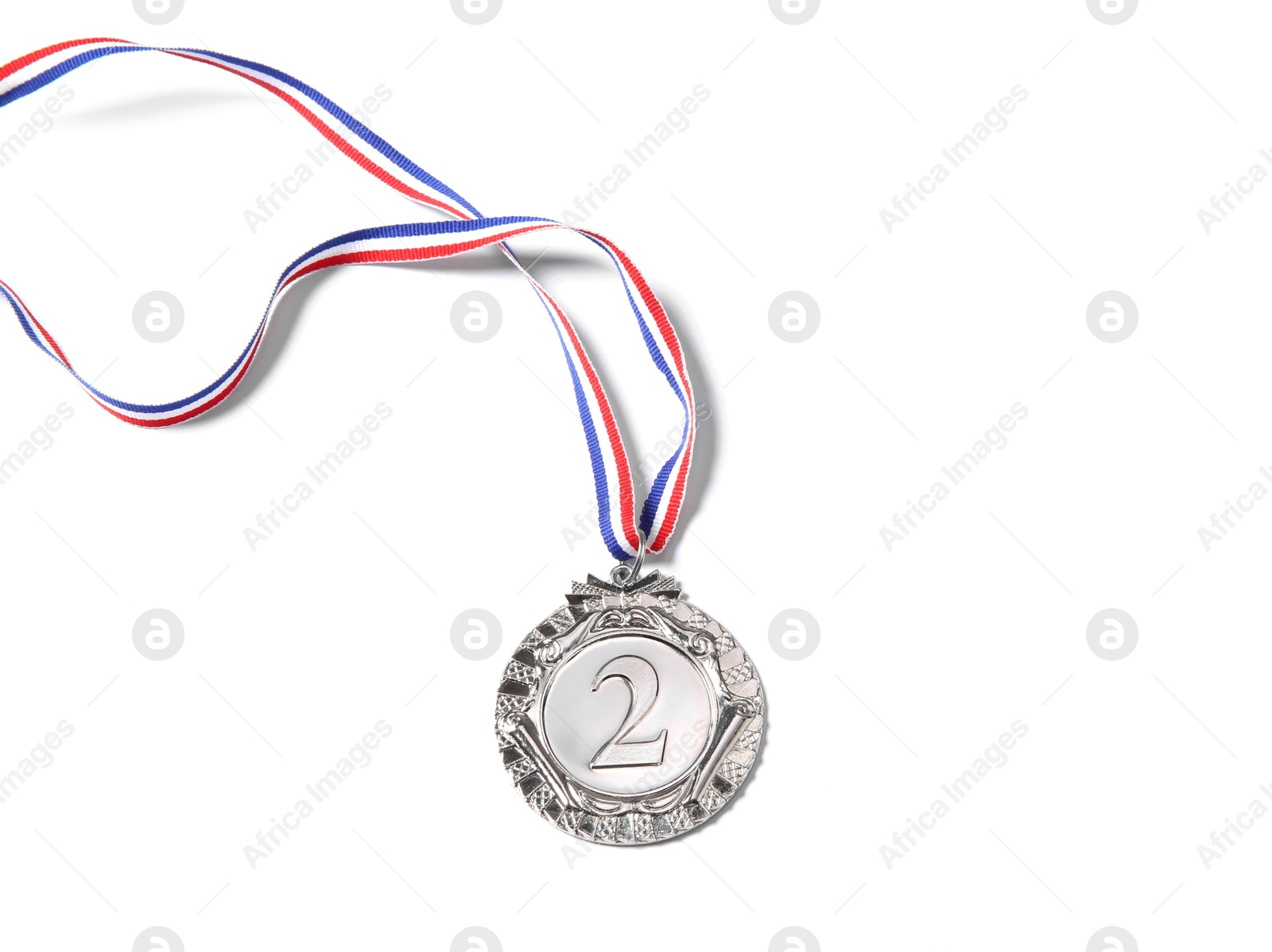 Photo of One silver medal isolated on white, top view