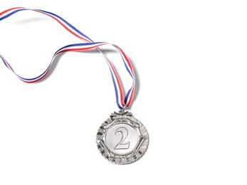 Photo of One silver medal isolated on white, top view