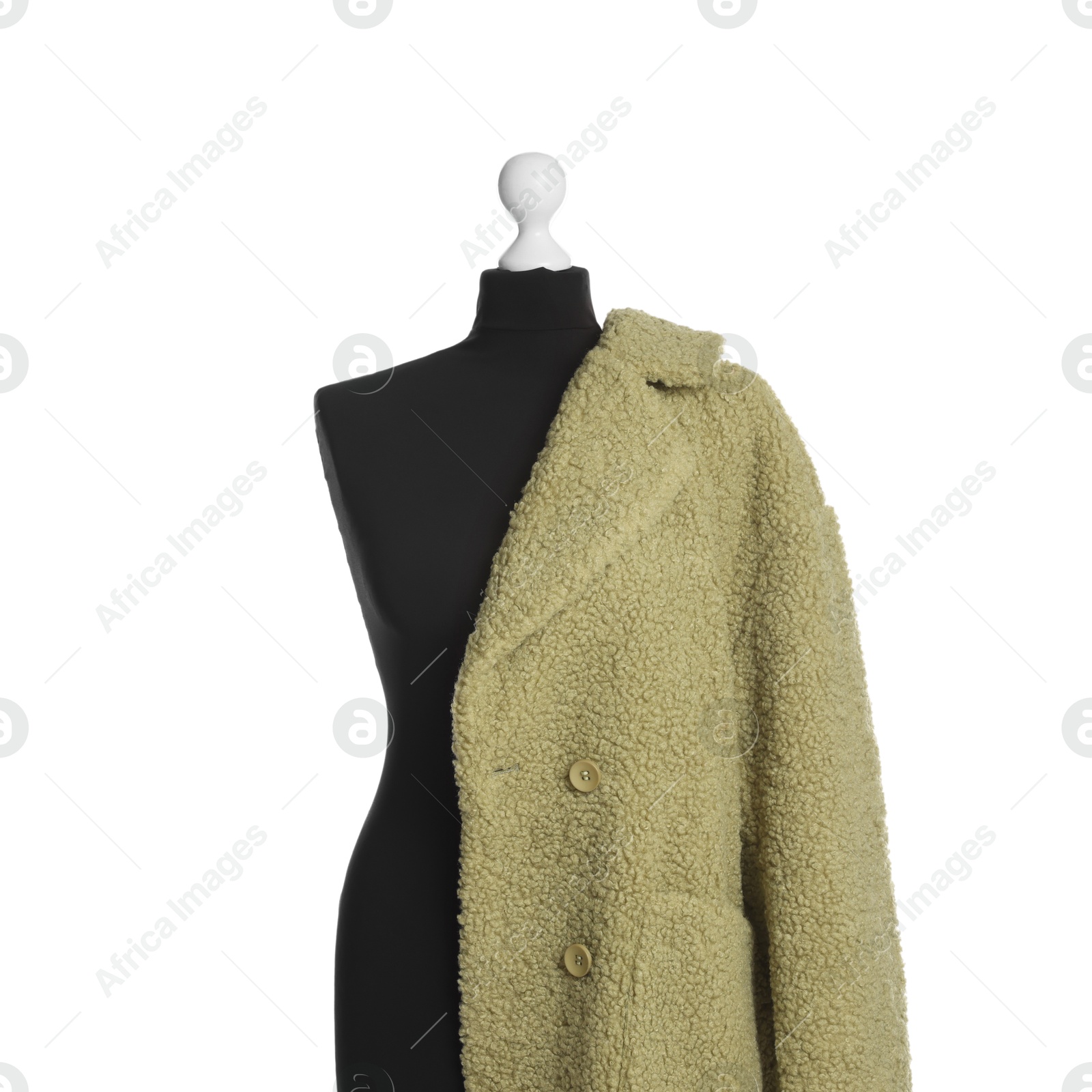 Photo of Female mannequin with stylish green coat isolated on white