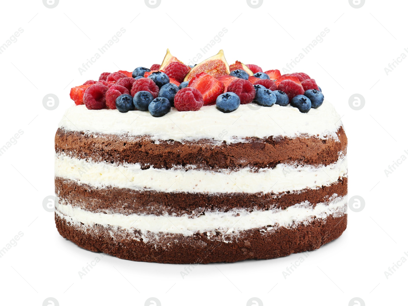 Photo of Delicious chocolate sponge cake with berries isolated white