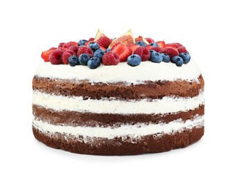 Delicious chocolate sponge cake with berries isolated white