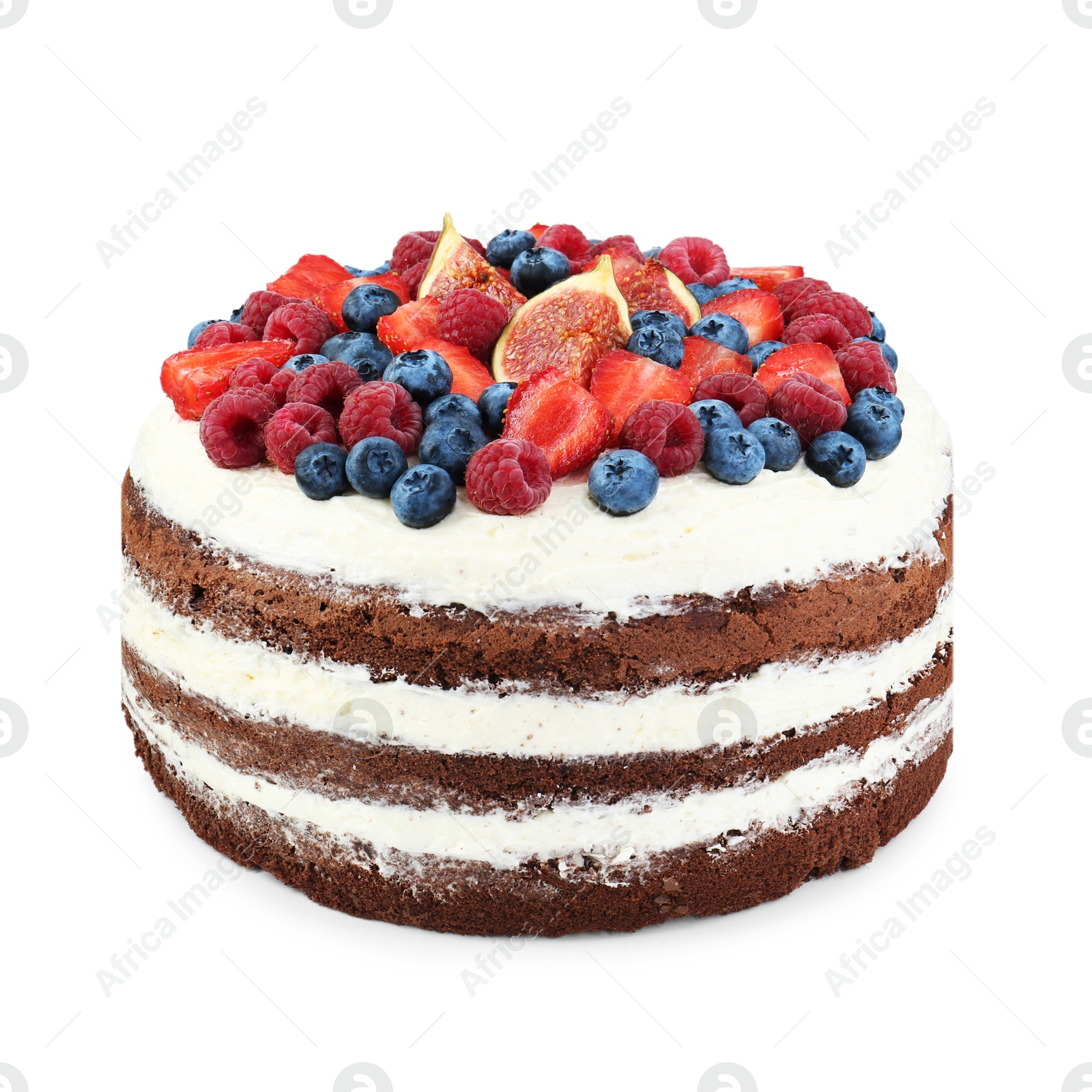 Photo of Delicious chocolate sponge cake with berries isolated white