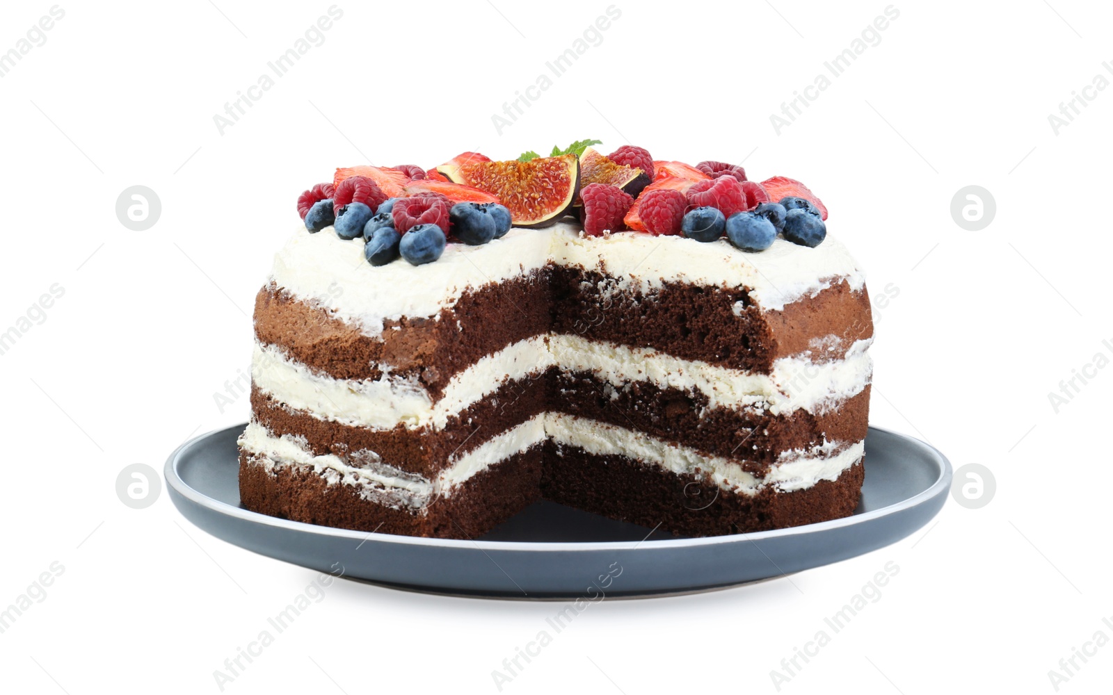 Photo of Cut delicious chocolate sponge cake with berries isolated on white