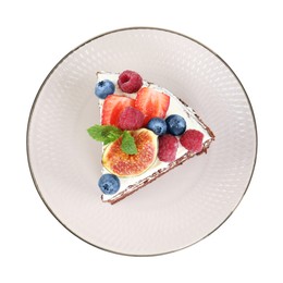 Photo of Piece of delicious chocolate sponge cake with berries isolated on white, top view