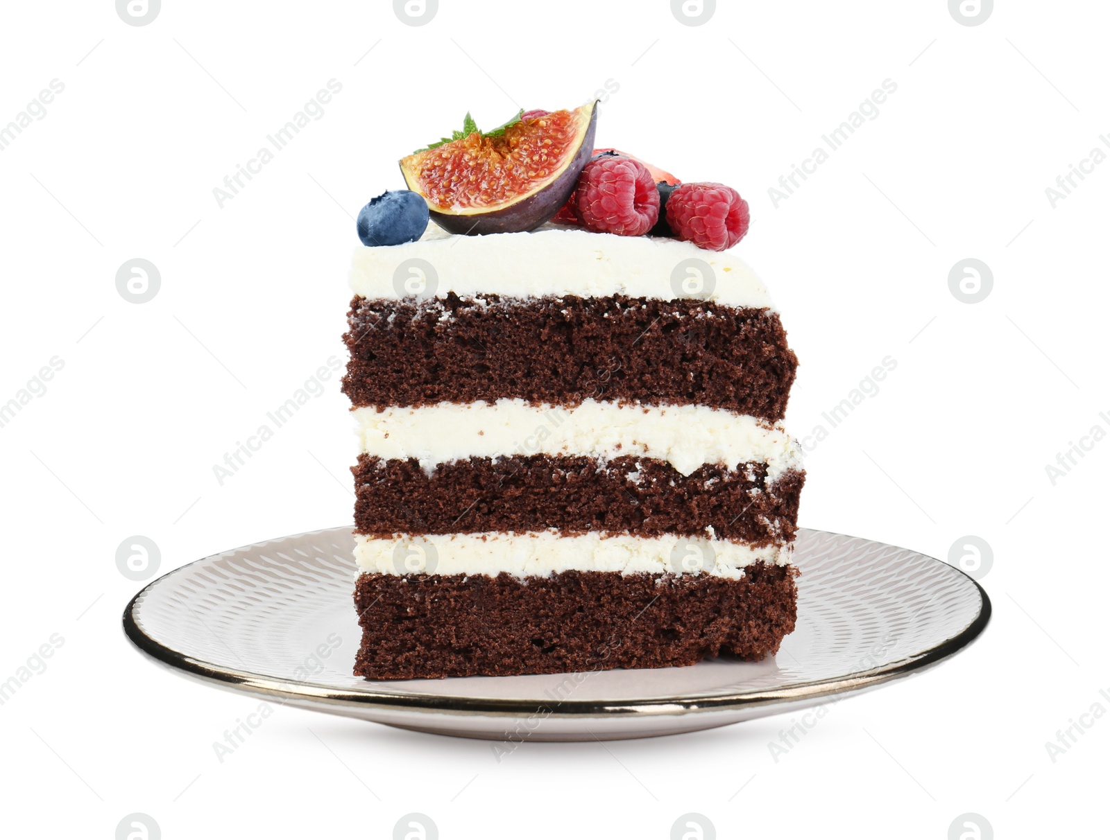 Photo of Piece of delicious chocolate sponge cake with berries isolated on white