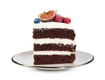 Photo of Piece of delicious chocolate sponge cake with berries isolated on white