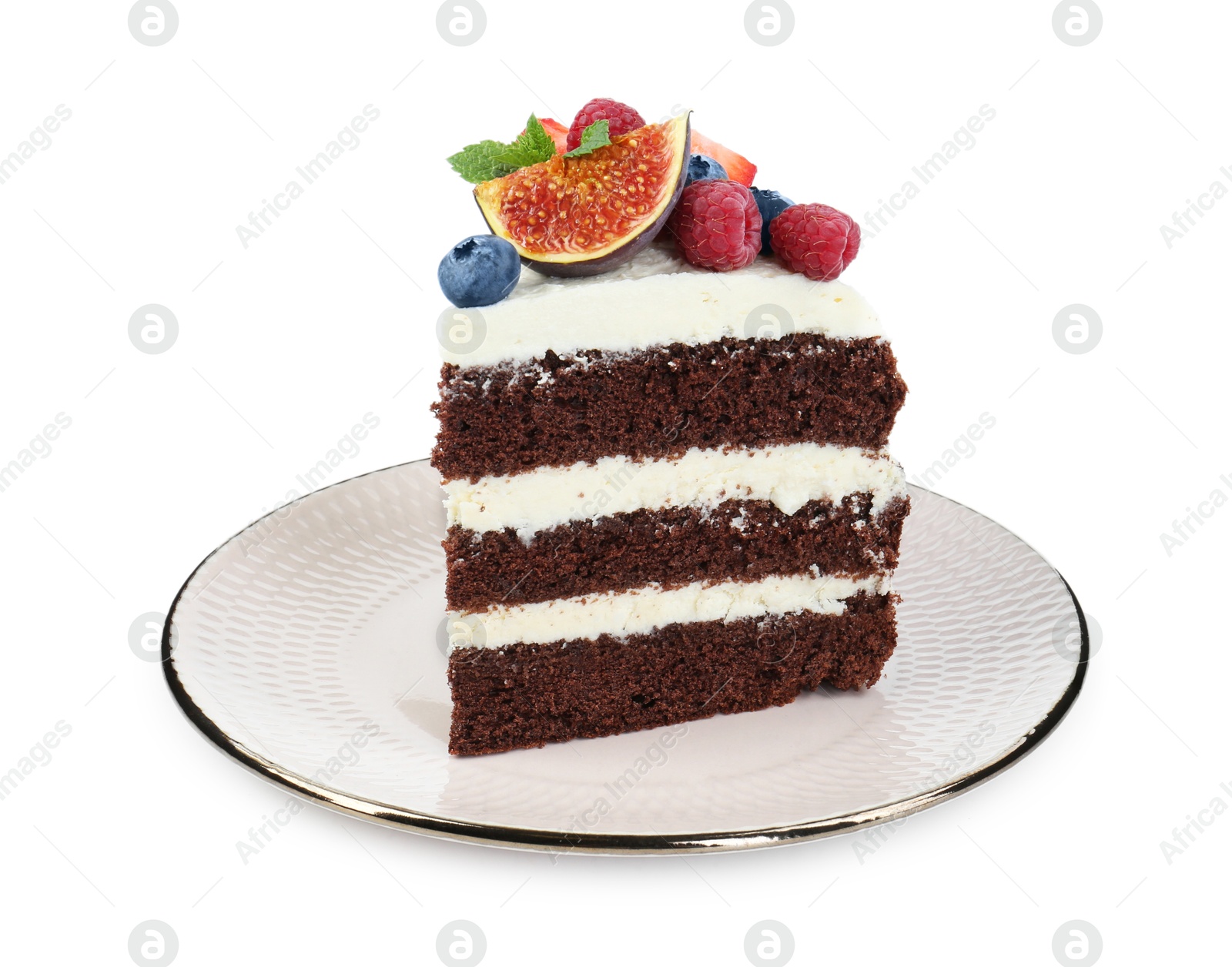 Photo of Piece of delicious chocolate sponge cake with berries isolated on white