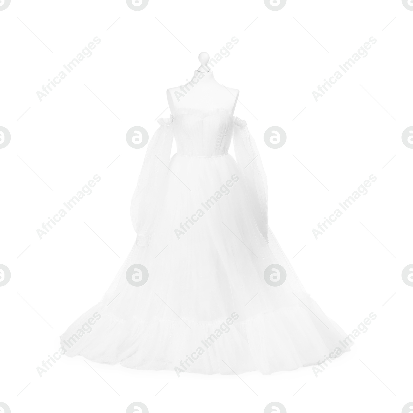 Photo of Mannequin with beautiful wedding dress isolated on white