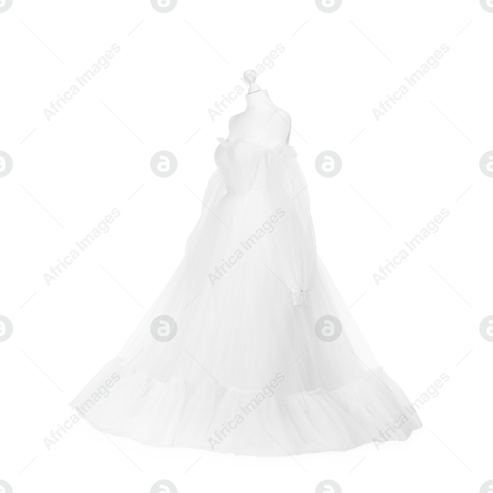 Photo of Mannequin with beautiful wedding dress isolated on white