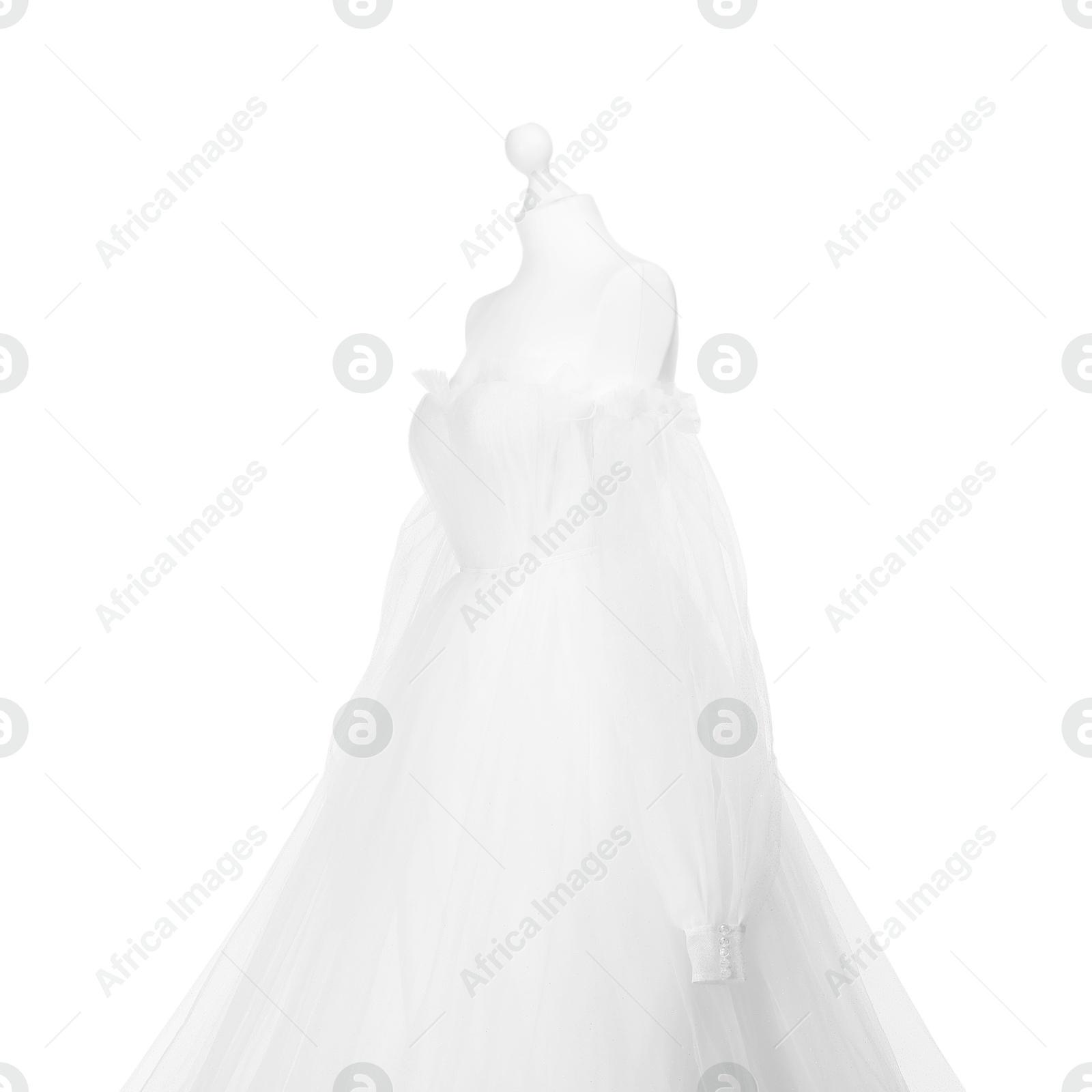 Photo of Mannequin with beautiful wedding dress isolated on white