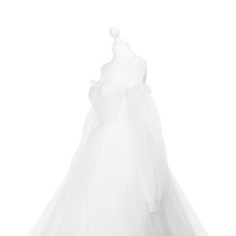 Photo of Mannequin with beautiful wedding dress isolated on white