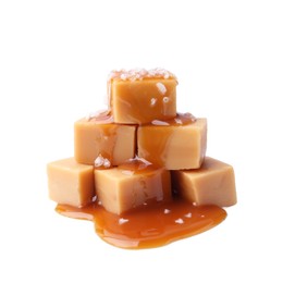 Photo of Tasty candies with salted caramel isolated on white