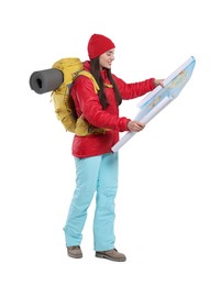 Smiling young woman with backpack and map on white background. Active tourism