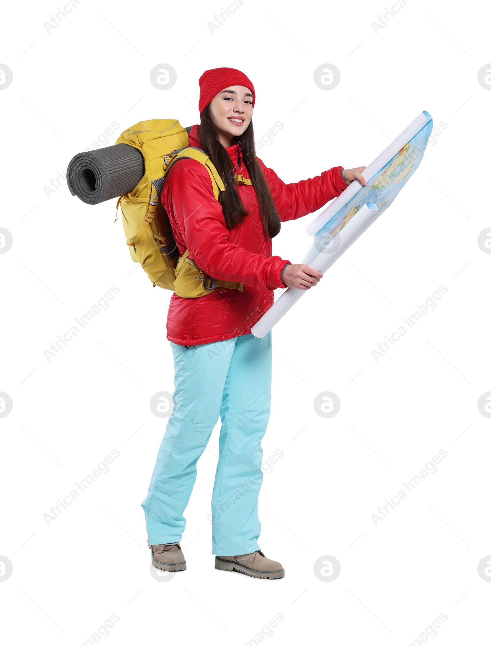 Photo of Smiling young woman with backpack and map on white background. Active tourism